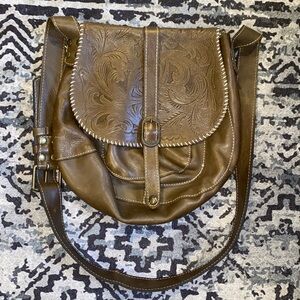 Patricia Nash Barcelona Tooled Leather Saddle Bag Crossbody Brown Purse